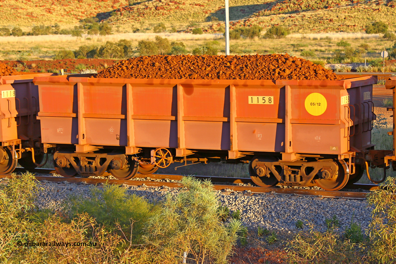 1158 170513 8633
Robe River ore waggon 1158, built by Bradken Rail Qld in May 2012, rotary coupler end handbrake side empty view, Cape Lambert yard, May 13, 2017.
Keywords: 1158;Bradken-Rail-Qld;Robe-ore-waggon;
