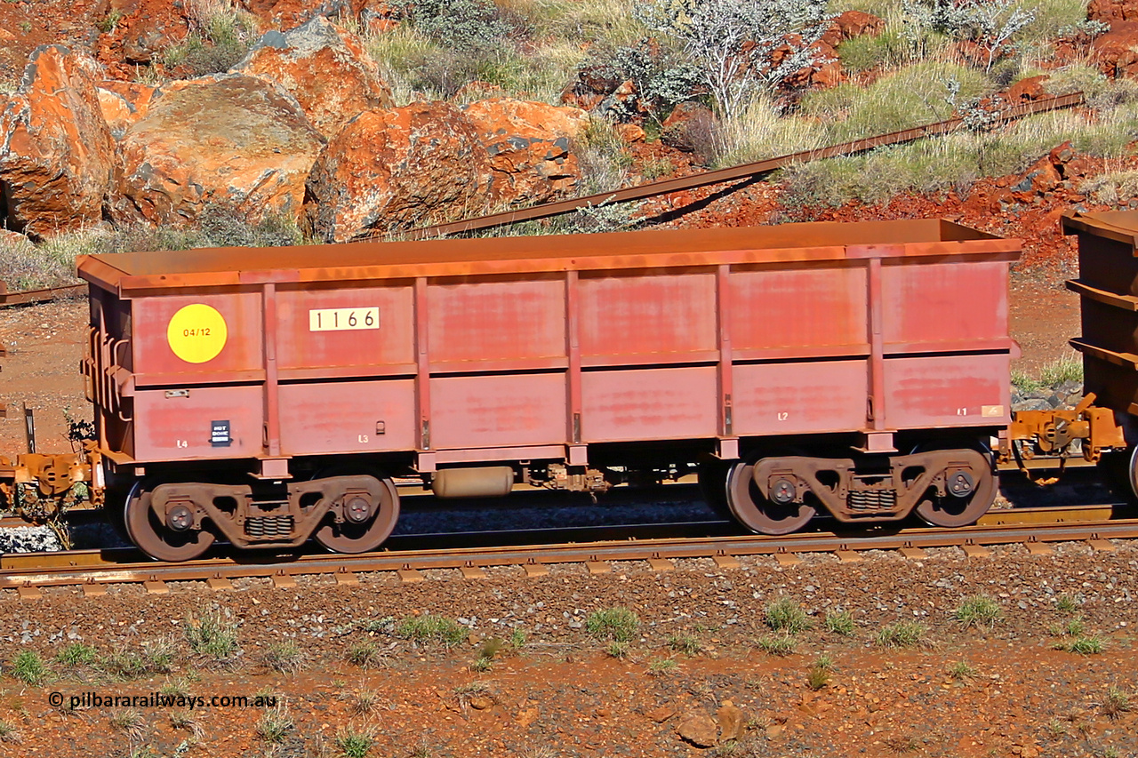 1166 180616 1729
Robe River ore waggon 1166, built by Bradken Rail Qld in April 2012, rotary coupler end non-handbrake side empty view, at the 38 km, Harding on the Cape Lambert line, June 16, 2018.
Keywords: 1166;Bradken-Rail-Qld;Robe-ore-waggon;