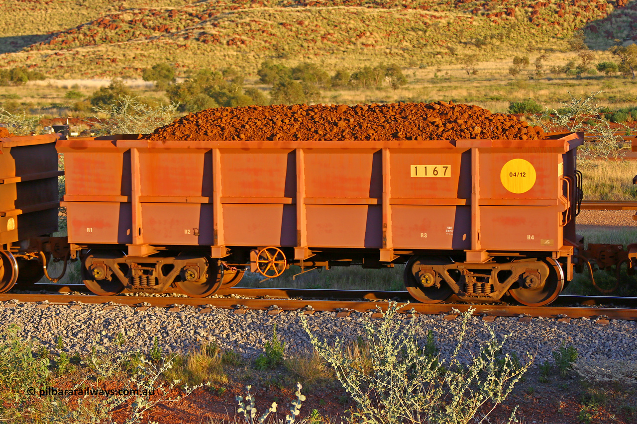 1167 170513 8641
Robe River ore waggon 1167, built by Bradken Rail Qld in April 2012, rotary coupler end handbrake side empty view, Cape Lambert yard, May 13, 2017.
Keywords: 1167;Bradken-Rail-Qld;Robe-ore-waggon;