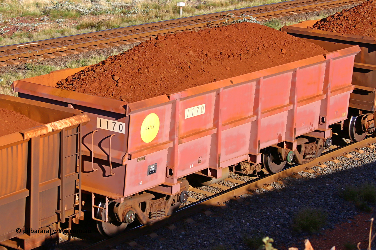 1170 210322 9764
Robe River ore waggon 1170, built by Bradken Rail Qld in April 2012, rotary coupler end non-handbrake side loaded view, at the 17 km on the Cape Lambert line, March 22, 2021
Keywords: 1170;Bradken-Rail-Qld;Robe-ore-waggon;