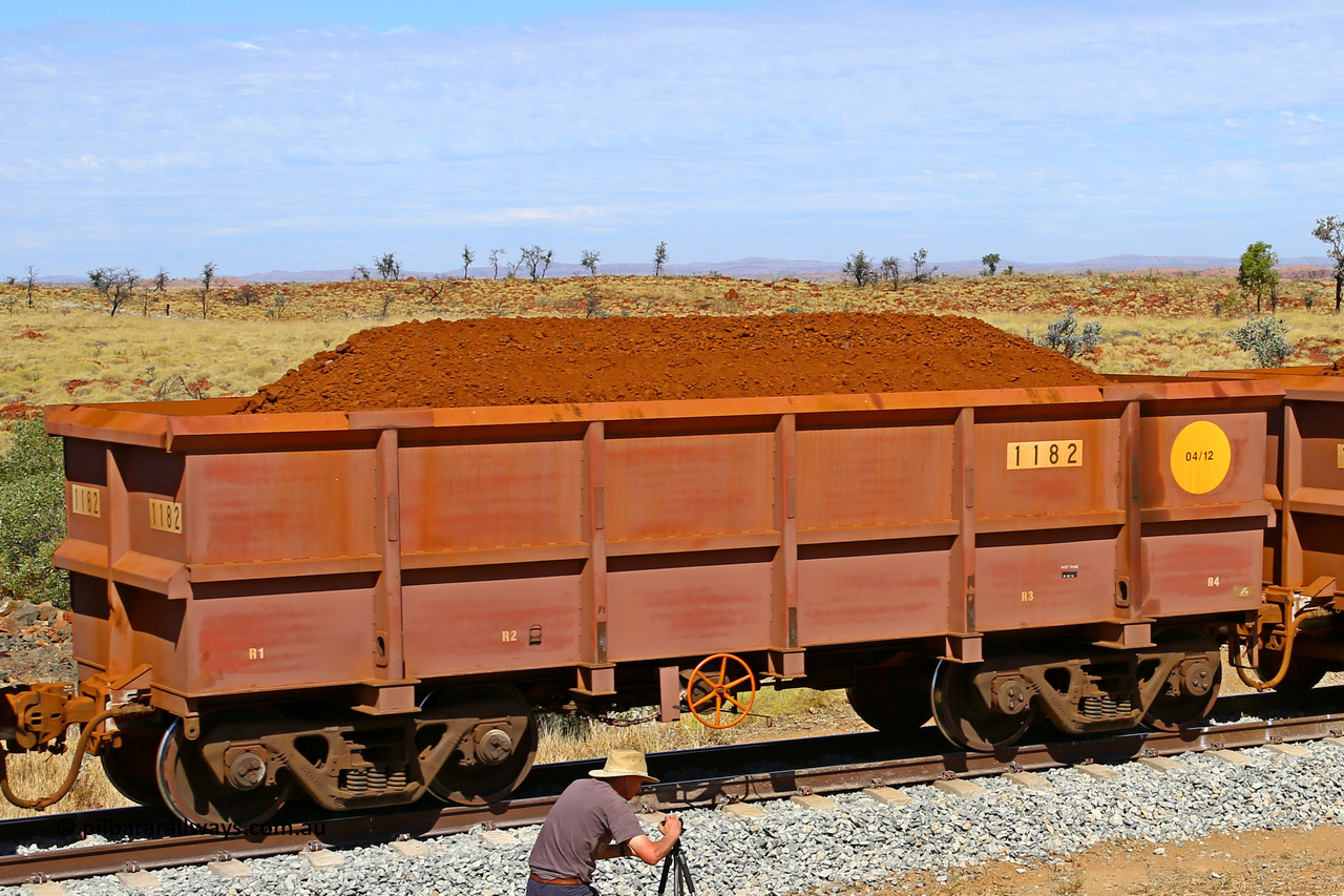 1182 170729 0263
Robe River ore waggon 1182, built by Bradken Rail Qld in April 2012, fixed coupler handbrake side loaded view at the 103 km, between Maitland Siding and the Fortescue River on the Deepdale line. July 29, 2017.
Keywords: 1182;Bradken-Rail-Qld;Robe-ore-waggon;