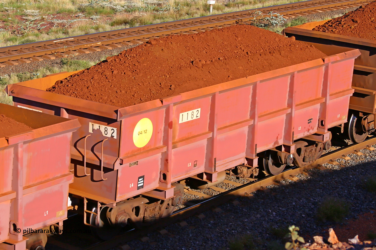 1182 210322 9762
Robe River ore waggon 1182, built by Bradken Rail Qld in April 2012, rotary coupler end non-handbrake side loaded view, at the 17 km on the Cape Lambert line, March 22, 2021
Keywords: 1182;Bradken-Rail-Qld;Robe-ore-waggon;