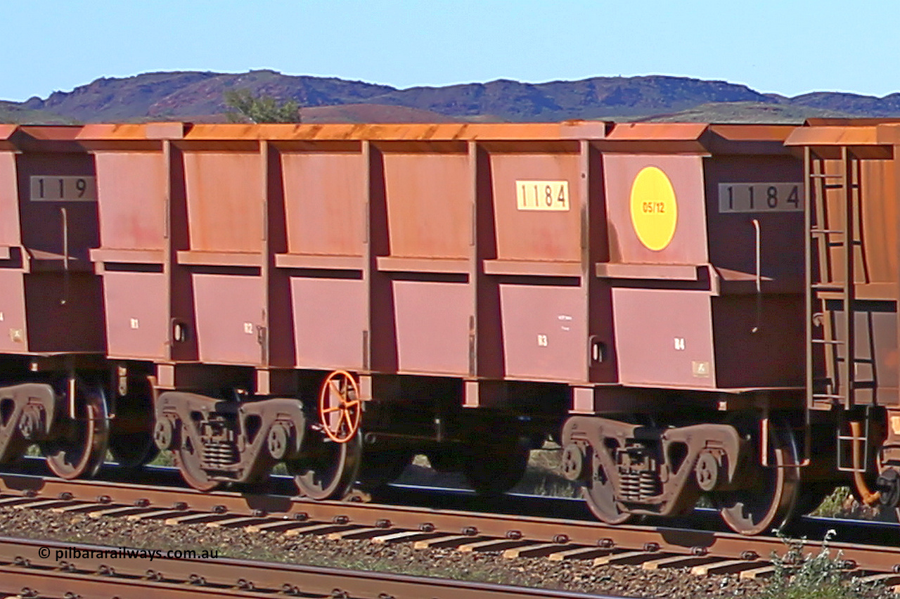 1184 160727 0962
Robe River ore waggon 1184, built by Bradken Rail Qld in May 2012, rotary coupler end handbrake side empty view at Harding Siding on the Cape Lambert line, July 27, 2016.
Keywords: 1184;Bradken-Rail-Qld;Robe-ore-waggon;
