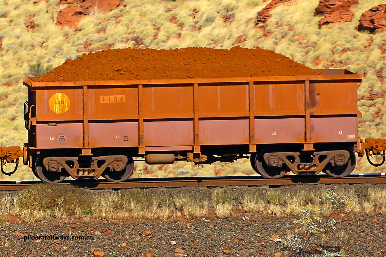 1186 170728 09936
Robe River ore waggon 1186, built by Bradken Rail Qld in April 2012, non-handbrake side loaded view at the 72 km, Western Creek on the Deepdale line. July 28, 2017.
Keywords: 1186;Bradken-Rail-Qld;Robe-ore-waggon;