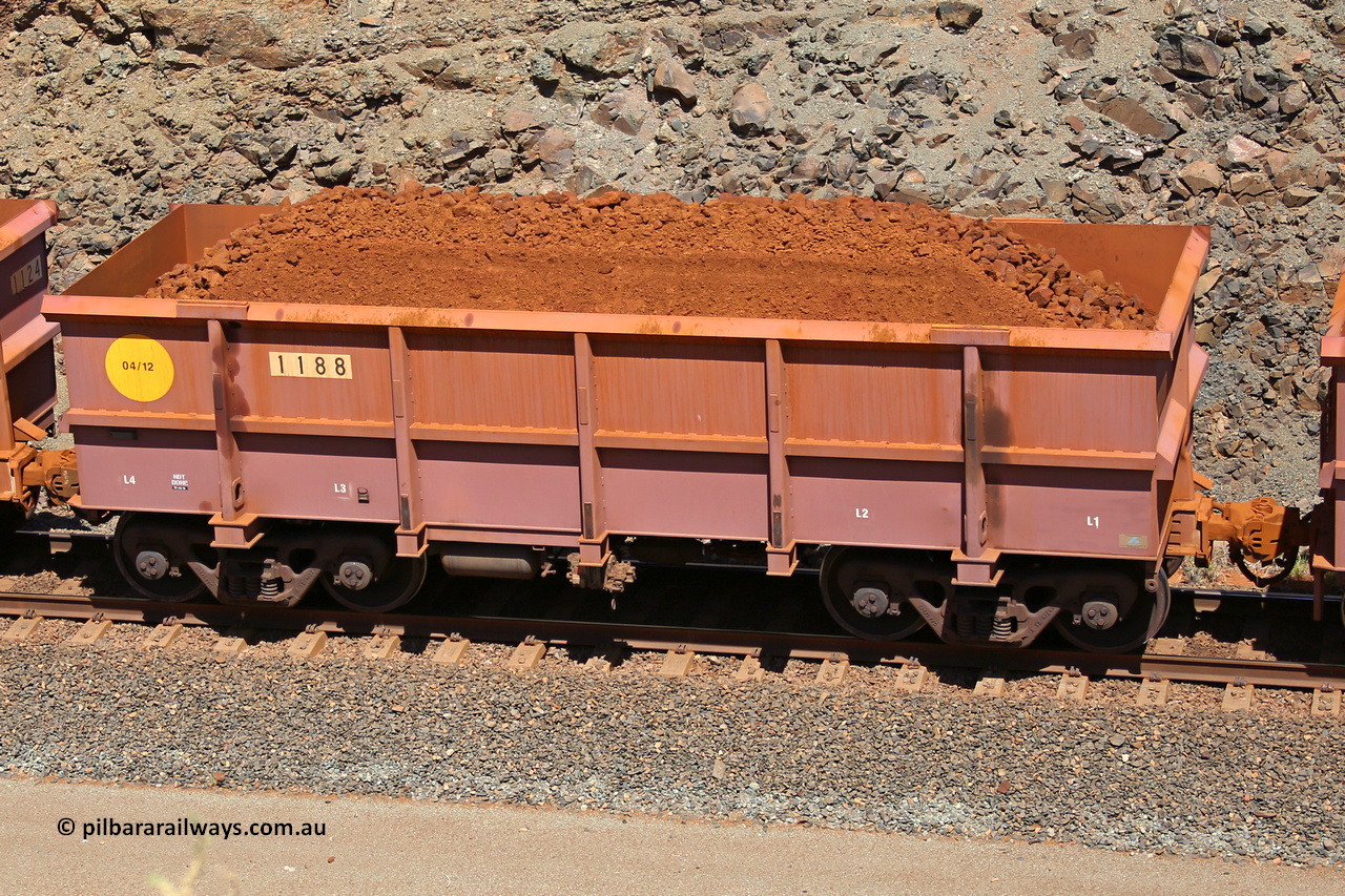 1188 160306 1617
Robe River ore waggon 1188, built by Bradken Rail Qld in April 2012, fixed coupler non-handbrake side loaded view, at the 45 km, Harding Siding on the Cape Lambert line. March 6, 2016.
Keywords: 1188;Bradken-Rail-Qld;Robe-ore-waggon;