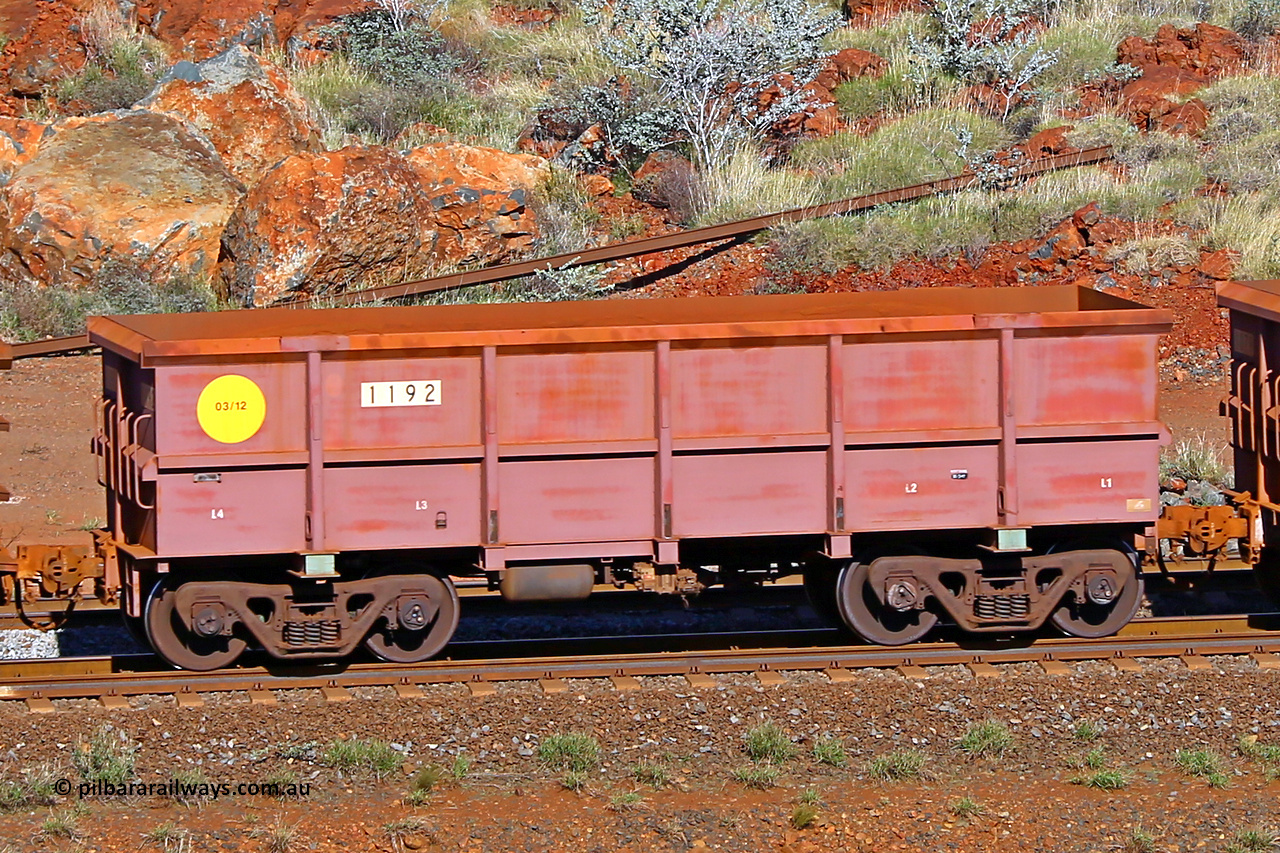 1192 180616 1706
Robe River ore waggon 1192, built by Bradken Rail Qld in March 2012, rotary coupler end non-handbrake side empty view, at the 38 km, Harding on the Cape Lambert line, June 16, 2018.
Keywords: 1192;Bradken-Rail-Qld;Robe-ore-waggon;