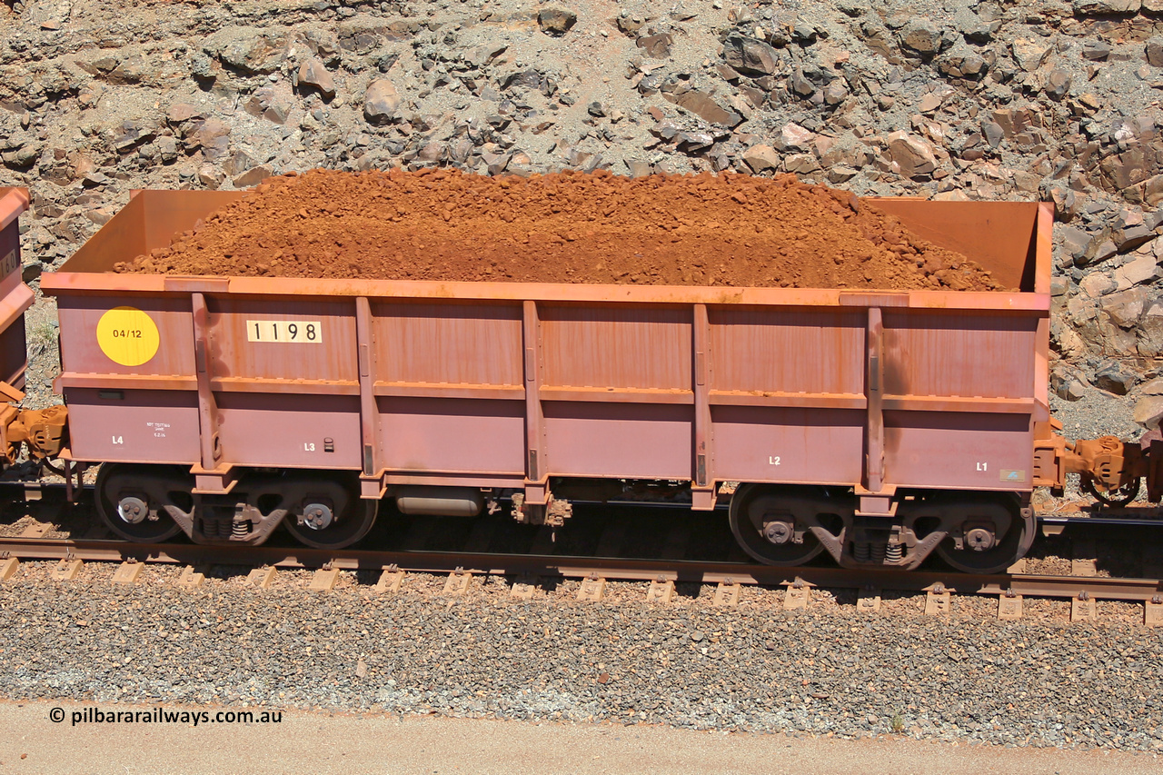 1198 160306 1570
Robe River ore waggon 1198, built by Bradken Rail Qld in April 2012, fixed coupler non-handbrake side loaded view, at the 45 km, Harding Siding on the Cape Lambert line. March 6, 2016.
Keywords: 1198;Bradken-Rail-Qld;Robe-ore-waggon;
