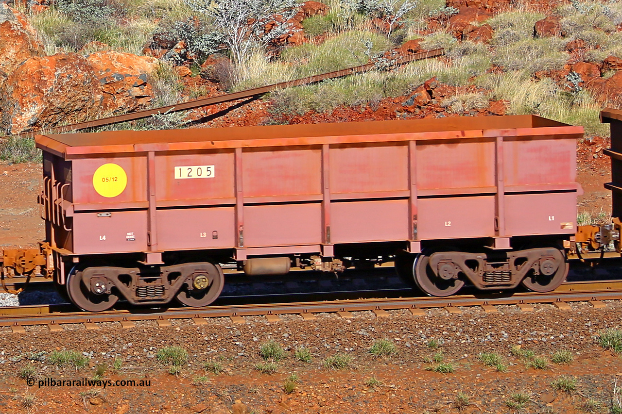 1205 180616 1723
Robe River ore waggon 1205, built by Bradken Rail Qld in May 2012, rotary coupler end non-handbrake side empty view, at the 38 km, Harding on the Cape Lambert line, June 16, 2018.
Keywords: 1205;Bradken-Rail-Qld;Robe-ore-waggon;