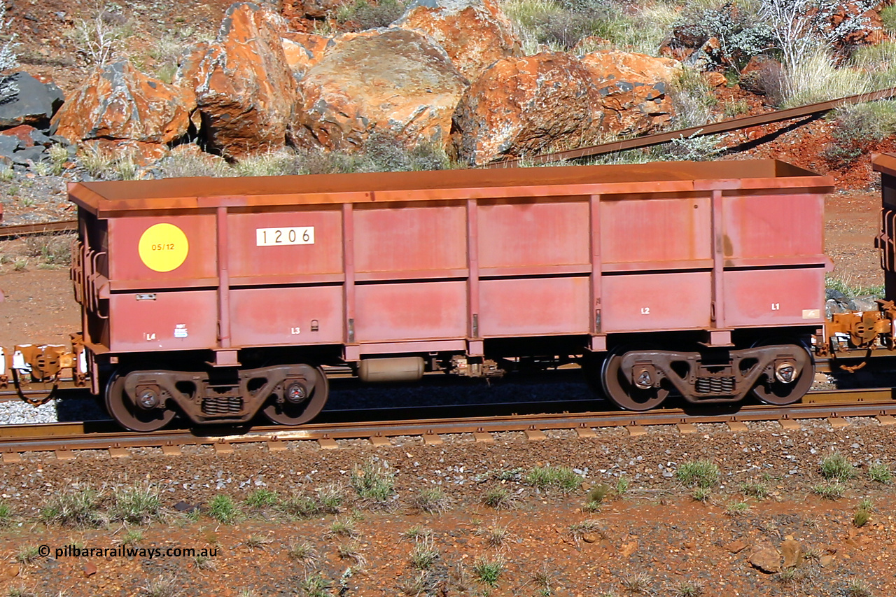 1206 180616 1692
Robe River ore waggon 1206, built by Bradken Rail Qld in May 2012, rotary coupler end non-handbrake side empty view, at the 38 km, Harding on the Cape Lambert line, June 16, 2018.
Keywords: 1206;Bradken-Rail-Qld;Robe-ore-waggon;