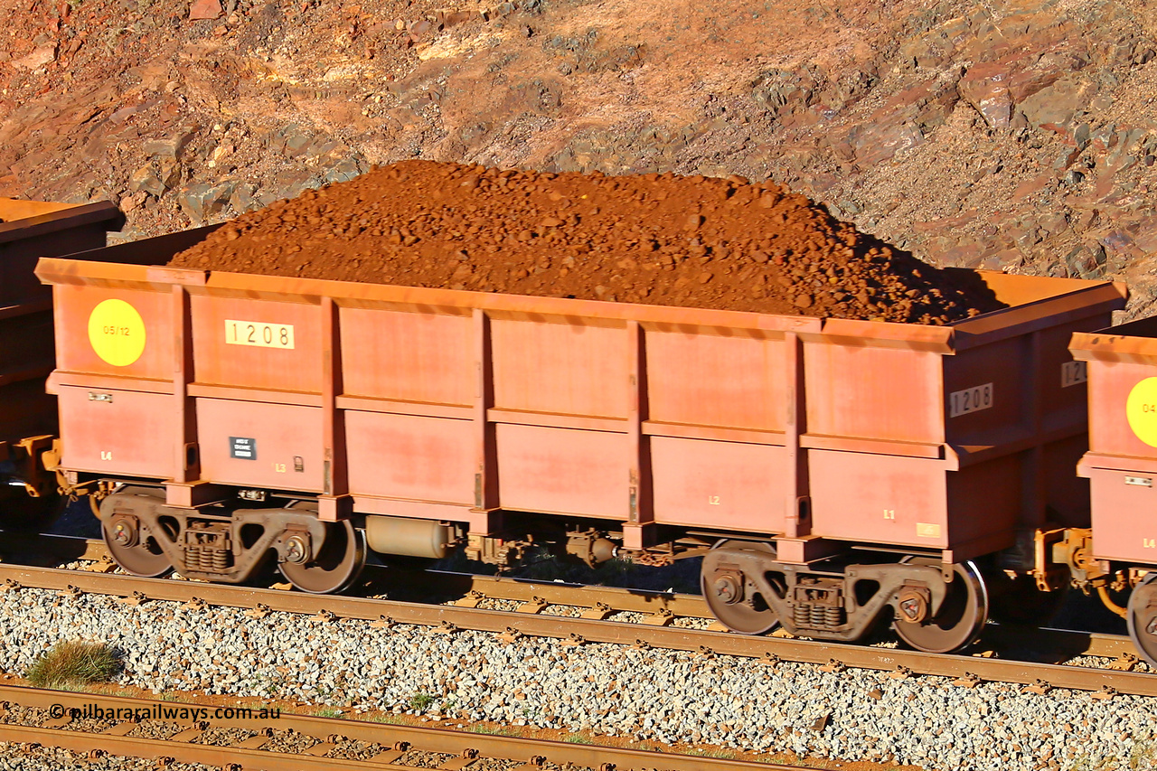 1208 180616 1641
Robe River ore waggon 1208, built by Bradken Rail Qld in May 2012, fixed coupler non-handbrake side loaded view at the 38.5 km, Harding on the Cape Lambert line, June 16, 2018.
Keywords: 1208;Bradken-Rail-Qld;Robe-ore-waggon;