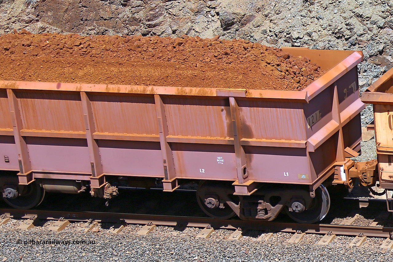 1211 160306 1645
Robe River ore waggon 1211, built by Bradken Rail Qld in May 2012, fixed coupler non-handbrake side loaded detail view of fixed coupler end, at the 45 km, Harding Siding on the Cape Lambert line. March 6, 2016.
Keywords: 1211;Bradken-Rail-Qld;Robe-ore-waggon;