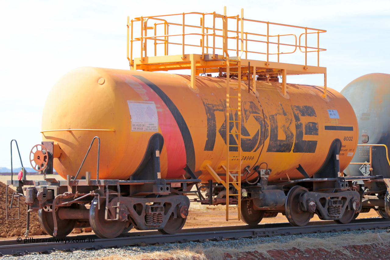 8002 1301122 3340
Robe River diesel fuel tank waggon 8002, built by Comeng NSW in September 1972 with a 45,000 litre capacity. Rio's Seven Mile complex, November 22, 2013.
Keywords: 8002;Comeng-NSW;Robe-tank-waggon;