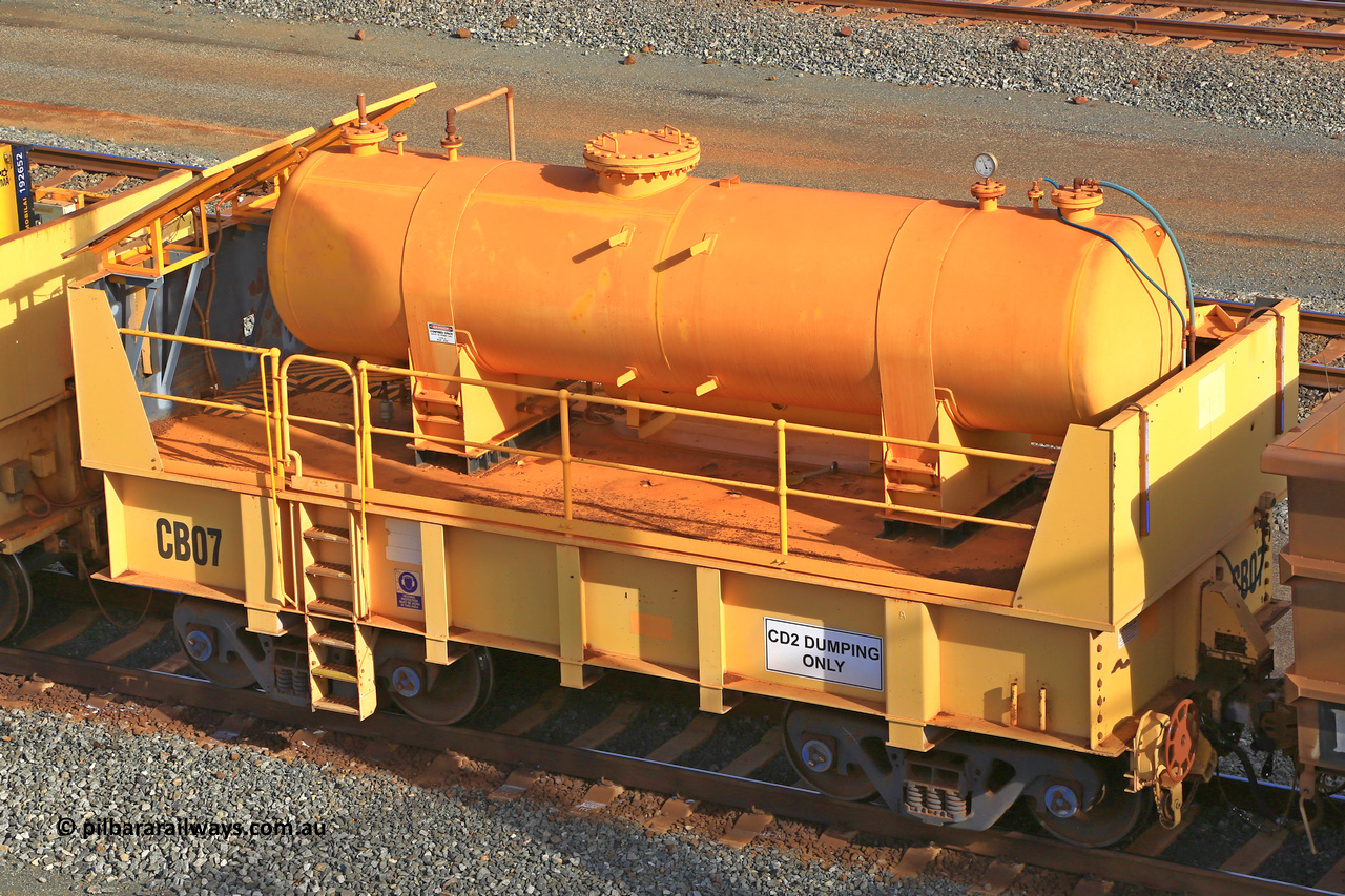IC20-CB07 240619 0320
Robe River compressor waggon CB07 was originally IC 20 with air receiver. These waggons were ballasted to 100 tonnes each and are modified ore waggons and used for CD2 DUMPING ONLY. Cape Lambert yard June 19, 2024.
Keywords: IC20;Robe-compressor-waggon;