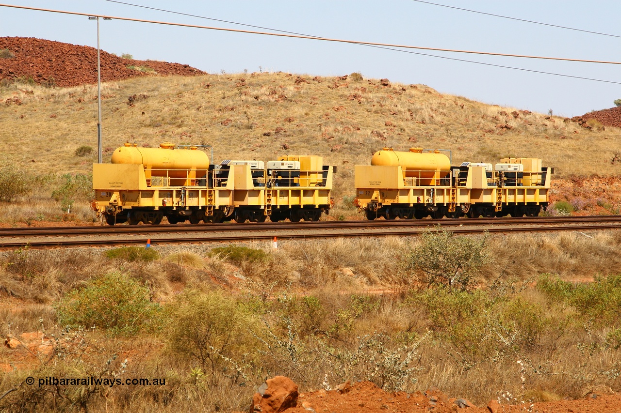 IC20 070908 0594
Robe River compressor waggon sets IC 20 with air receiver and IC 21 with two Ingersoll Rand air compressors and IC 22 with receiver and IC 23 with compressors These waggons are ballasted to 100 tonnes each and are modified ore waggons. Cape Lambert 8th August 2007.
Keywords: IC20;IC21;IC22;IC23;robe-compressor-waggon
