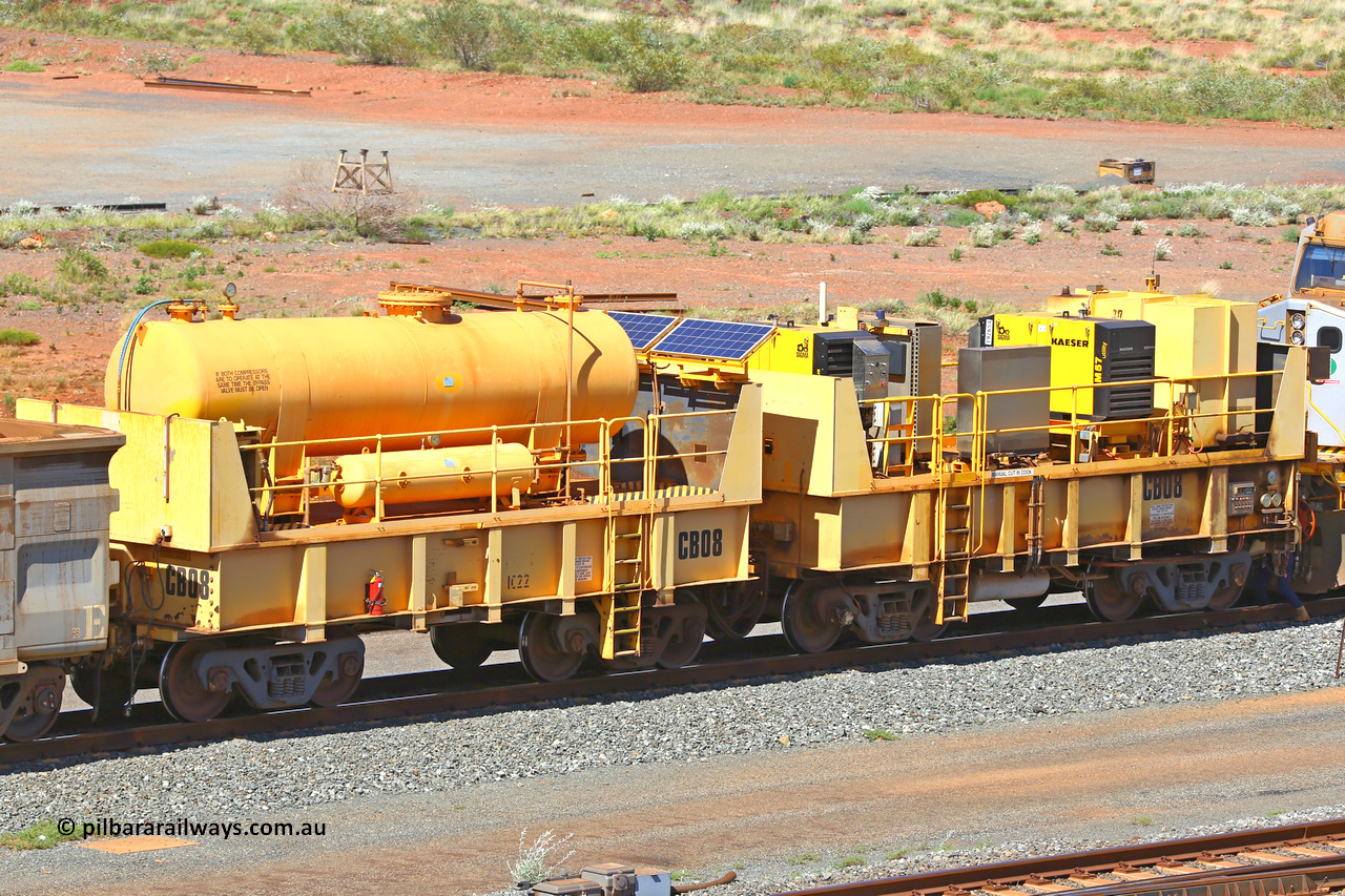IC22-CB08 210510 0920
Robe River compressor waggon set CB08, was originally IC 22 with air receiver and IC 23 with two Kaesir air compressors. These waggons were ballasted to 100 tonnes each and are modified ore waggons. Cape Lambert yard May 10, 2021.
Keywords: IC22;Robe-compressor-waggon;