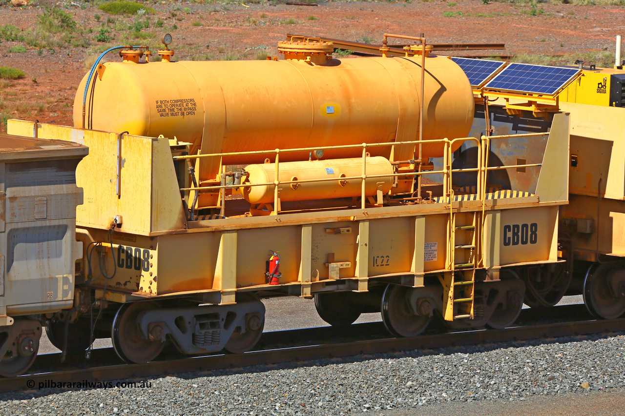 IC22-CB08 210510 0921
Robe River compressor waggon set CB08, was originally IC 22 with air receiver, these waggons were ballasted to 100 tonnes each and are modified ore waggons. Cape Lambert yard May 10, 2021.
Keywords: IC22;Robe-compressor-waggon;