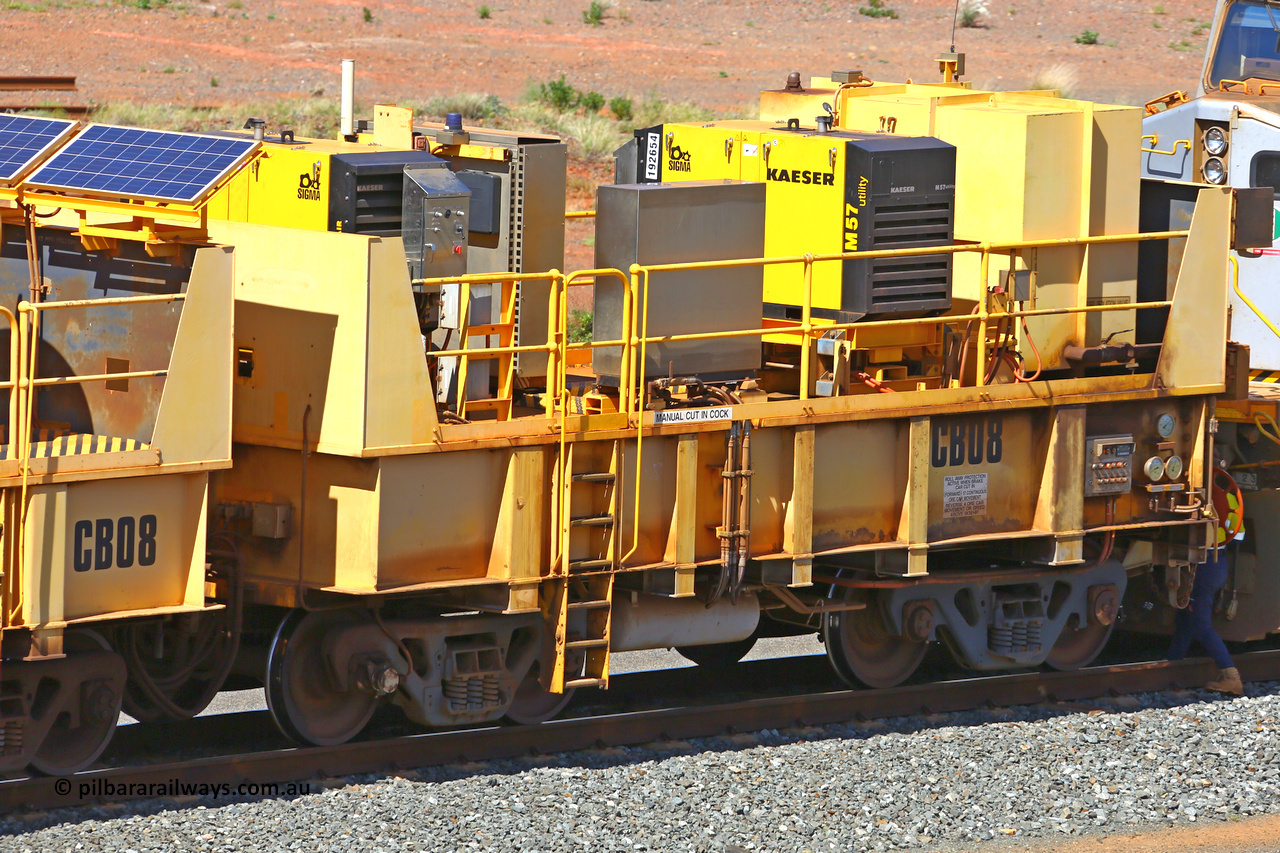 IC23-CB08 210510 0922
Robe River compressor waggon set CB08, was originally IC 23 with two Kaesir air compressors. These waggons were ballasted to 100 tonnes each and are modified ore waggons. Cape Lambert yard May 10, 2021.
Keywords: IC23;Robe-compressor-waggon;