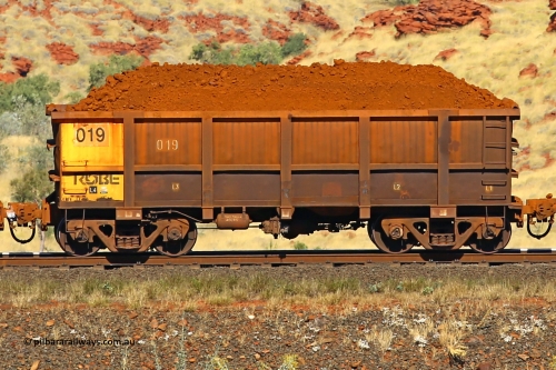 0019 170728 09912
Robe River ore waggon 019, built by Nippon Sharyo Nihon, non-handbrake side loaded view at the 72 km, Western Creek on the Deepdale line. July 28, 2017.
Keywords: 019;Nippon-Sharyo-Nihon;Robe-ore-waggon;