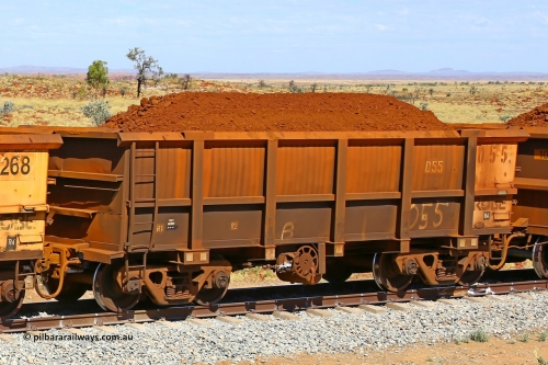 0055 170729 0235
Robe River ore waggon 055, built by Nippon Sharyo Nihon, fixed coupler handbrake side loaded view at the 103 km, between Maitland Siding and the Fortescue River on the Deepdale line. July 29, 2017.
Keywords: 055;Nippon-Sharyo-Nihon;Robe-ore-waggon;