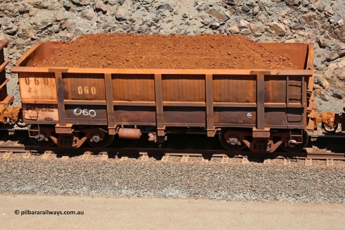 0060 160306 1542
Robe River ore waggon 060, built by Nippon Sharyo Nihon, fixed coupler non-handbrake side loaded view at the 45 km, Harding Siding on the Cape Lambert line. March 6, 2016.
Keywords: 060;Nippon-Sharyo-Nihon;Robe-ore-waggon;