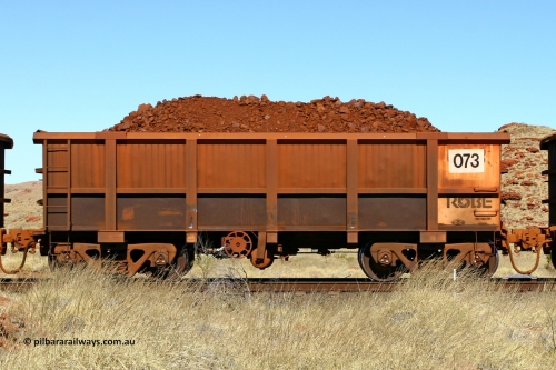 0073 060722 7504
Robe River ore waggon 073, built by Nippon Sharyo Nihon, handbrake side loaded view at the 78.8 km between Western Creek and Maitland on the Deepdale line. July 22, 2006.
Keywords: 073;Nippon-Sharyo-Nihon;Robe-ore-waggon;