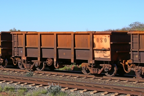 0080 160727 0968
Robe River ore waggon 080, built by Nippon Sharyo Nihon, rotary coupler end handbrake side empty view at Harding Siding on the Cape Lambert line, July 27, 2016.
Keywords: 080;Nippon-Sharyo-Nihon;Robe-ore-waggon;