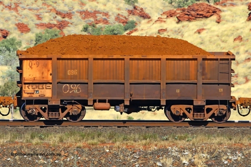 0096 170728 09945
Robe River ore waggon 096, built by Nippon Sharyo Nihon, non-handbrake side loaded view at the 72 km, Western Creek on the Deepdale line. July 28, 2017.
Keywords: 096;Nippon-Sharyo-Nihon;Robe-ore-waggon;