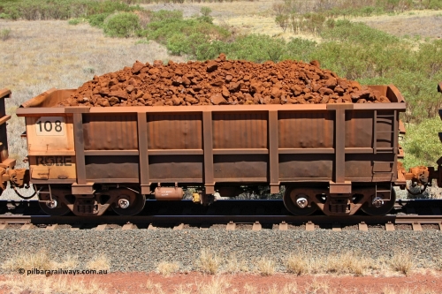 0108 081209 0137
Robe River ore waggon 108, built by Nippon Sharyo Nihon, rotary coupler end and plate detail loaded view at the 7 km location just south of Cape Lambert yard. December 9, 2008.
Keywords: 108;Nippon-Sharyo-Nihon;Robe-ore-waggon;