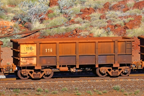 0116 180616 1698
Robe River ore waggon 116, built by Nippon Sharyo Nihon, rotary coupler end non-handbrake side empty view at the 38 km, Harding on the Cape Lambert line, June 16, 2018.
Keywords: 116;Nippon-Sharyo-Nihon;Robe-ore-waggon;