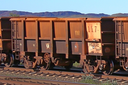 0117 160727 0969
Robe River ore waggon 117, built by Nippon Sharyo Nihon, rotary coupler end handbrake side empty view at Harding Siding on the Cape Lambert line, July 27, 2016.
Keywords: 117;Nippon-Sharyo-Nihon;Robe-ore-waggon;
