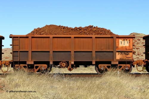 0121 060722 7496
Robe River ore waggon 121, built by Nippon Sharyo Nihon, handbrake side loaded view at the 78.8 km between Western Creek and Maitland on the Deepdale line. July 22, 2006.
Keywords: 121;Nippon-Sharyo-Nihon;Robe-ore-waggon;