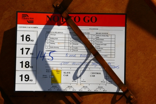 0145 070909 0670
Robe River ore waggon 145, built by Nippon Sharyo Nihon, NOT TO GO card, Cape Lambert. September 9, 2007.
Keywords: 145;Nippon-Sharyo-Nihon;Robe-ore-waggon;