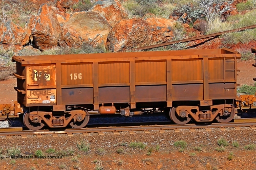 0156 180616 1726
Robe River ore waggon 156, built by Nippon Sharyo Nihon, rotary coupler end non-handbrake side empty view at the 38 km, Harding on the Cape Lambert line, June 16, 2018.
Keywords: 156;Nippon-Sharyo-Nihon;Robe-ore-waggon;