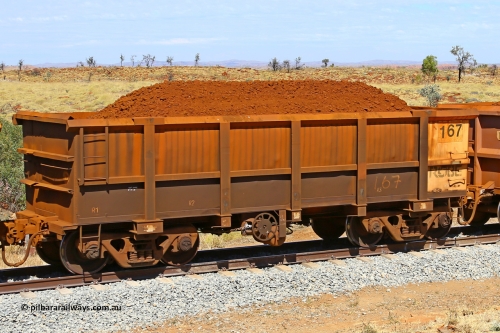 0167 170729 0214
Robe River ore waggon 167, built by Nippon Sharyo Nihon, fixed coupler handbrake side loaded view at the 103 km, between Maitland Siding and the Fortescue River on the Deepdale line. July 29, 2017.
Keywords: 167;Nippon-Sharyo-Nihon;Robe-ore-waggon;