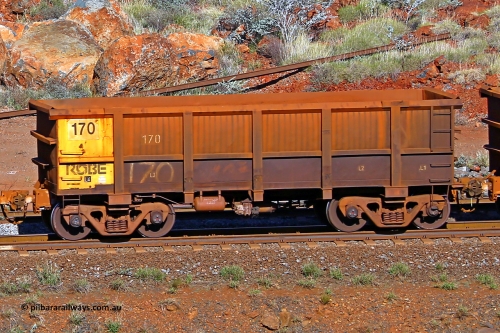 0170 180616 1734
Robe River ore waggon 170, built by Nippon Sharyo Nihon, rotary coupler end non-handbrake side empty view at the 38 km, Harding on the Cape Lambert line, June 16, 2018.
Keywords: 170;Nippon-Sharyo-Nihon;Robe-ore-waggon;