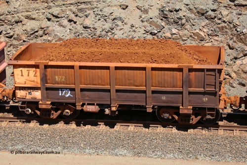 0172 160306 1571
Robe River ore waggon 172, built by Nippon Sharyo Nihon, fixed coupler non-handbrake side loaded view at the 45 km, Harding Siding on the Cape Lambert line. March 6, 2016.
Keywords: 172;Nippon-Sharyo-Nihon;Robe-ore-waggon;