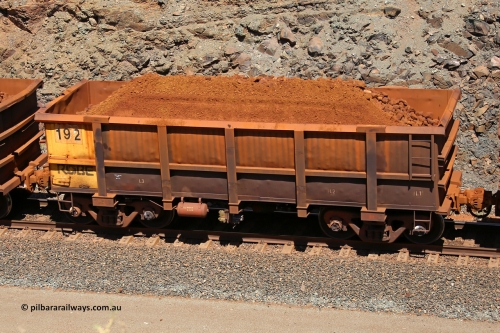 0192 160306 1635
Robe River ore waggon 192, built by Nippon Sharyo Nihon, fixed coupler non-handbrake side loaded view at the 45 km, Harding Siding on the Cape Lambert line. March 6, 2016.
Keywords: 192;Nippon-Sharyo-Nihon;Robe-ore-waggon;