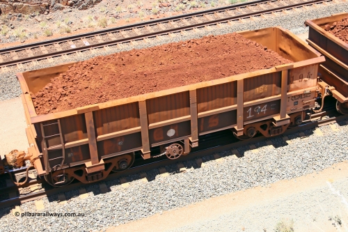 0194 160306 1456
Robe River ore waggon 194, built by Nippon Sharyo Nihon, fixed coupler handbrake side loaded view at the 45 km, Harding Siding on the Cape Lambert line. March 6, 2016.
Keywords: 194;Nippon-Sharyo-Nihon;Robe-ore-waggon;