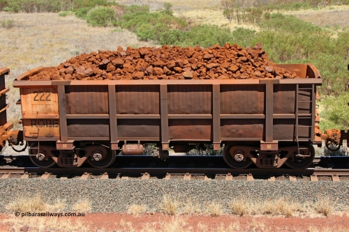 0222 081209 0136
Robe River ore waggon 222, built by Nippon Sharyo Nihon, non-handbrake side loaded view at the 7 km location just south of Cape Lambert yard. December 9, 2008.
Keywords: 222;Nippon-Sharyo-Nihon;Robe-ore-waggon;