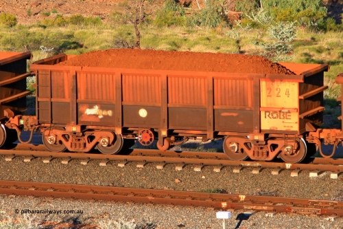 0224 110602 1641
Robe River ore waggon 224, built by Nippon Sharyo Nihon, rotary coupler end handbrake side loaded view at the 71 km, Western Creek on the Deepdale line. June 2, 2011.
Keywords: 224;Nippon-Sharyo-Nihon;Robe-ore-waggon;