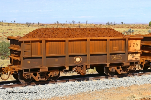 0225 170729 0206
Robe River ore waggon 225, built by Nippon Sharyo Nihon, fixed coupler handbrake side loaded view at the 103 km, between Maitland Siding and the Fortescue River on the Deepdale line. July 29, 2017.
Keywords: 225;Nippon-Sharyo-Nihon;Robe-ore-waggon;