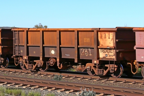0231 160727 0962
Robe River ore waggon 229, built by Nippon Sharyo Nihon, rotary coupler end handbrake side empty view at Harding Siding on the Cape Lambert line, July 27, 2016.
Keywords: 231;Nippon-Sharyo-Nihon;Robe-ore-waggon;