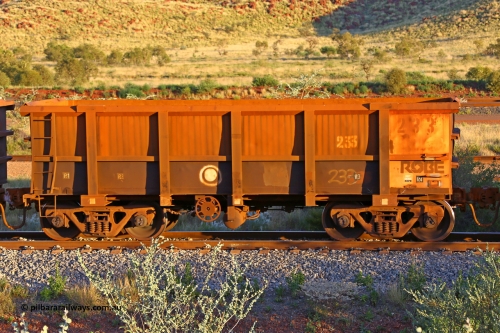 0233 170513 8779
Robe River ore waggon 233, built by Nippon Sharyo Nihon, handbrake side empty view, Cape Lambert yard, May 13, 2017.
Keywords: 233;Nippon-Sharyo-Nihon;Robe-ore-waggon;