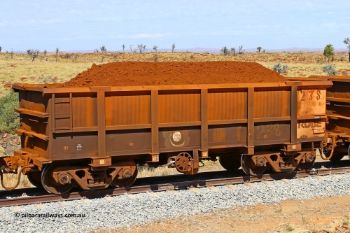 0238 170729 0252
Robe River ore waggon 238, built by Nippon Sharyo Nihon, fixed coupler handbrake side loaded view at the 103 km, between Maitland Siding and the Fortescue River on the Deepdale line. July 29, 2017.
Keywords: 238;Nippon-Sharyo-Nihon;Robe-ore-waggon;