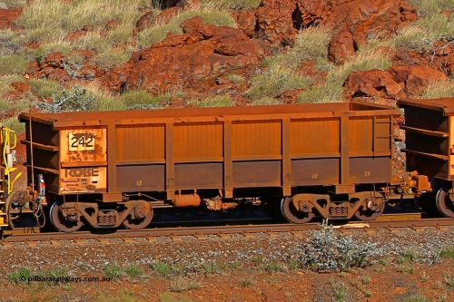 0242 180616 1690
Robe River ore waggon 242, built by Nippon Sharyo Nihon, rotary coupler end non-handbrake side empty view at the 38 km, Harding on the Cape Lambert line, June 16, 2018.
Keywords: 242;Nippon-Sharyo-Nihon;Robe-ore-waggon;