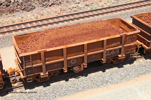 0243 160306 1475
Robe River ore waggon 243, built by Nippon Sharyo Nihon, fixed coupler handbrake side loaded view at the 45 km, Harding Siding on the Cape Lambert line. March 6, 2016.
Keywords: 243;Nippon-Sharyo-Nihon;Robe-ore-waggon;