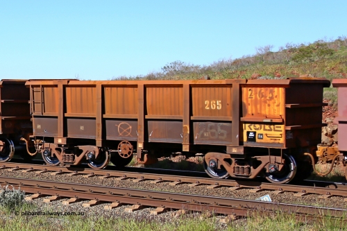 0265 160727 0990
Robe River ore waggon 265, built by Nippon Sharyo Nihon, rotary coupler end handbrake side empty view at Harding Siding on the Cape Lambert line, July 27, 2016.
Keywords: 265;Nippon-Sharyo-Nihon;Robe-ore-waggon;