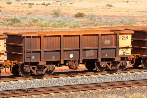 0268 141124 6772
Robe River ore waggon 268, built by Nippon Sharyo Nihon, fixed coupler handbrake side empty view at the 25 km at Arches Siding on the Cape Lambert line. November 24, 2014.
Keywords: 268;Nippon-Sharyo-Nihon;Robe-ore-waggon;