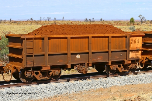 0269 170729 0221
Robe River ore waggon 269, built by Nippon Sharyo Nihon, fixed coupler handbrake side loaded view at the 103 km, between Maitland Siding and the Fortescue River on the Deepdale line. July 29, 2017.
Keywords: 269;Nippon-Sharyo-Nihon;Robe-ore-waggon;