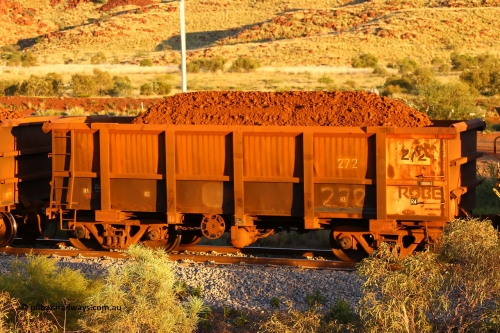 0272 170513 8624
Robe River ore waggon 272, built by Nippon Sharyo Nihon, handbrake side loaded view, Cape Lambert yard, May 13, 2017.
Keywords: 272;Nippon-Sharyo-Nihon;Robe-ore-waggon;